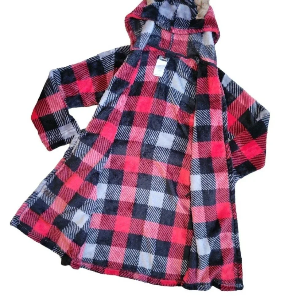 Boys M 8/10 Cuddl Duds Moose/Deer black/red Checkered Plaid Winter Hooded Robe